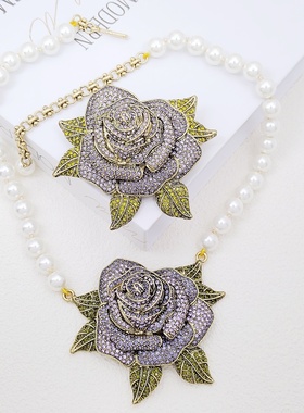 男女紫色玫瑰花项链胸针镶钻珍珠