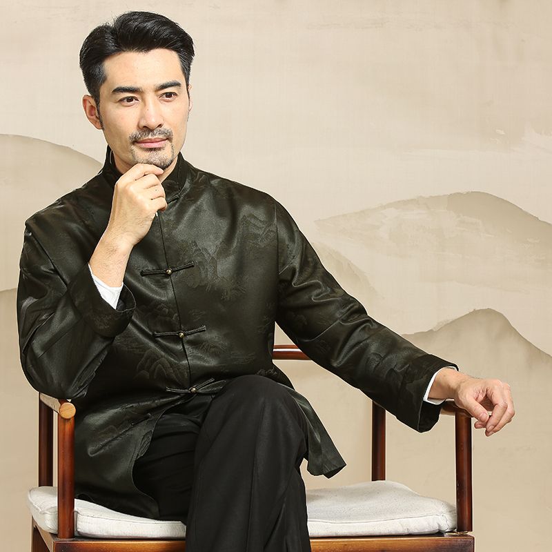 高端中老年唐装男中式真丝香云纱春秋外套中国风立领盘扣休闲上衣 - 图1