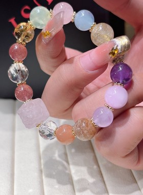 天然水晶多宝串珠手链女夏季不掉色九尾狐方糖手串绿幽灵diy手饰