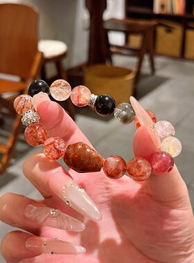 天然红胶花水晶手串黑金超七锦鲤胶花发晶幽灵草莓晶转运手链女