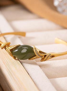 碧玉手镯天然和田玉青玉马蹄莲女神开口银手环玉石女士款手饰品