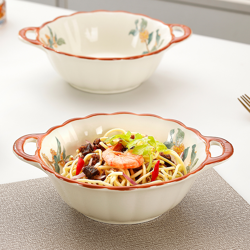 双耳碗泡面碗家用汤碗简约创意陶瓷餐具酸奶碗汤碗6.5英寸宝宝碗