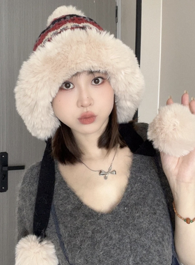 九九冬季新款加绒保暖雷锋帽户外防寒护耳毛线针织帽子女甜美可爱