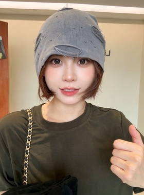 废土风破洞堆堆帽个性针织冷帽大头天蚕丝女夏透气破洞辣妹套头帽