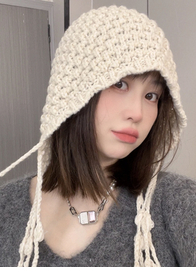 秋冬保暖护耳毛线帽子女甜美气质小仙女流苏针织帽休闲时尚包头帽