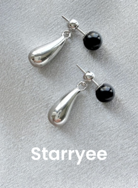 Starryee简约黑玛瑙金属水滴耳钉