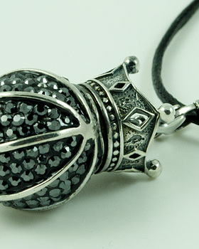 男士个性立体篮球纯银吊坠配皮绳