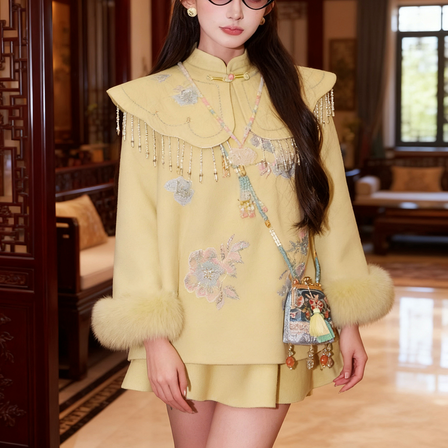 地球店「月锦芳华」冬季新中式国风宽松绵羊毛双面呢大衣套装,淘宝优惠券,粉丝福利购,淘宝优惠卷