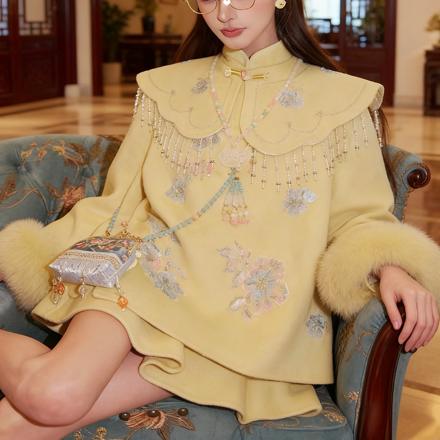 地球店「月锦芳华」冬季新中式国风宽松绵羊毛双面呢大衣套装,淘宝优惠券,粉丝福利购,淘宝优惠卷