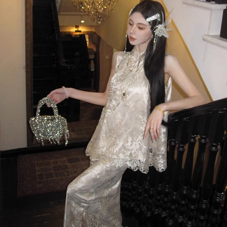 地球店【花涧绣】新中式重工蕾丝珠绣斜襟马甲+鱼尾半身裙 - 图3