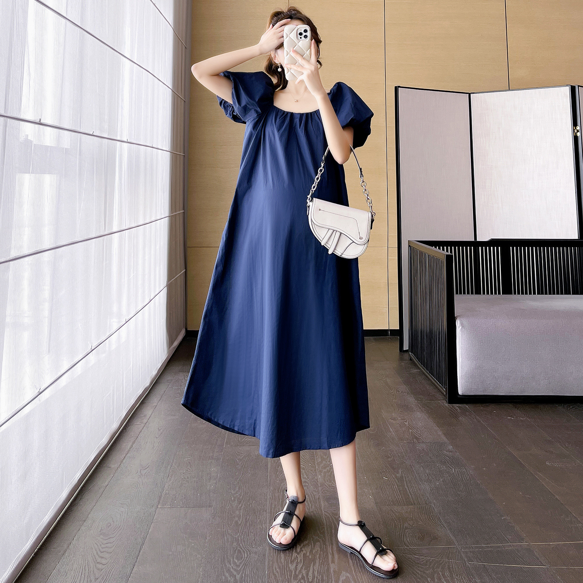 孕妇夏装2023短袖裙子中长款冷淡风高级感泡泡袖a字裙孕妇连衣裙