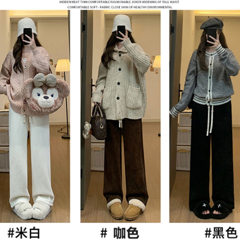 Maternity pants autumn and winter brown brown drawstring high waist plus velvet wide leg pants straight chenille lamb velvet warm cotton pants