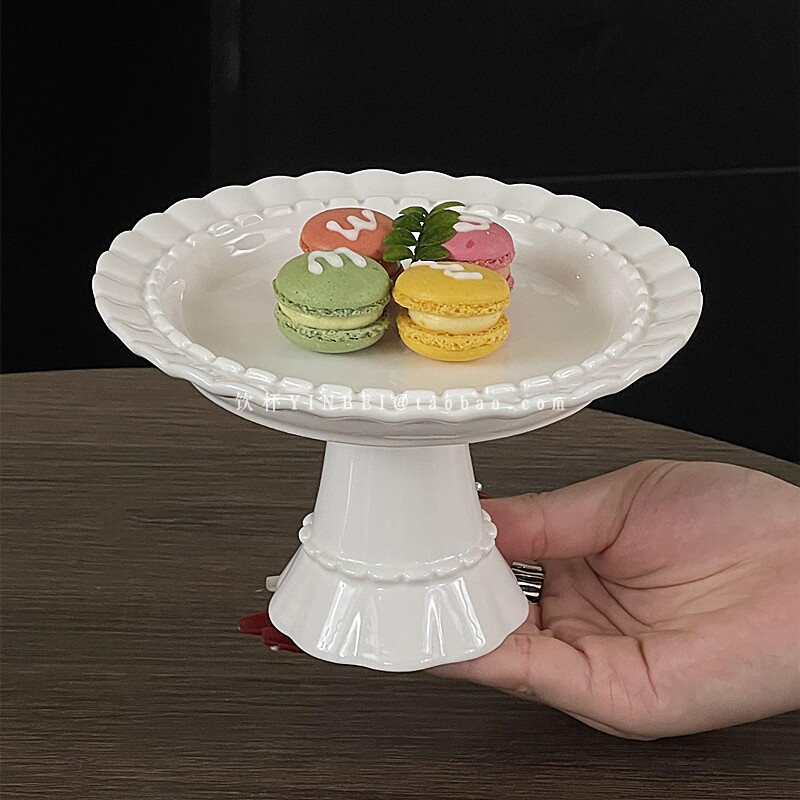 法式陶瓷中古高脚盘甜品台装饰蛋糕甜品盘浮雕花边高级感点心盘子