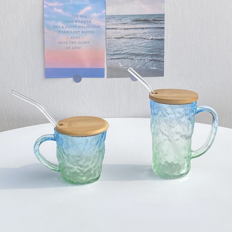 渐变蓝磨砂玻璃杯家用配盖水杯冰川奶茶牛奶杯带手柄咖啡杯果汁杯-图3