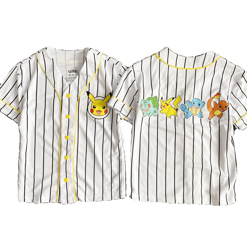 夏季儿童棒球服条纹皮卡丘外贸短袖后背图案运动休闲衬衫-图3