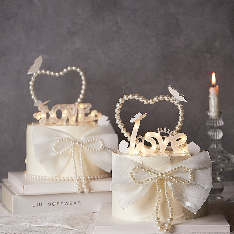 网红2024情人节蛋糕装饰珍珠爱心蝴蝶结摆件发光love灯插牌插件,淘宝优惠券,粉丝福利购,淘宝优惠卷