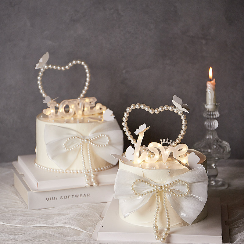 网红2024情人节蛋糕装饰珍珠爱心蝴蝶结摆件发光love灯插牌插件,淘宝优惠券,粉丝福利购,淘宝优惠卷