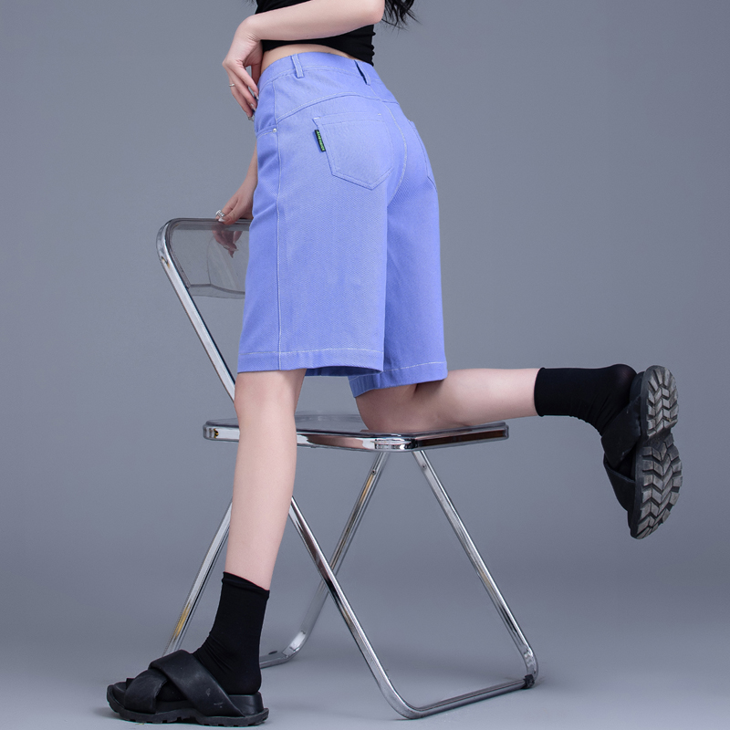 紫色牛仔短裤女夏季2024年新款高腰a字阔腿五分裤女小众直筒中裤