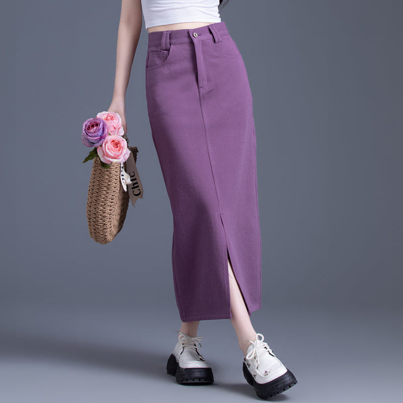牛仔裙半身裙女2024新款长裙包臀紫色裙子夏季小个子开叉显瘦半裙