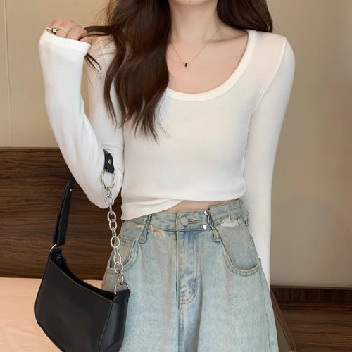 长袖t恤女2025低领百搭秋冬季螺纹棉正肩紧身U领打底衫磨毛上衣女 - 图3