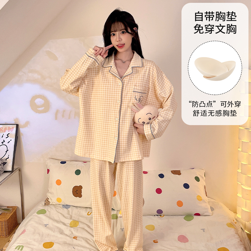 晚眠带胸垫睡衣女款春秋长袖格子2025年新款秋冬季大码家居服套装 - 图0