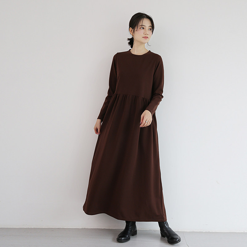 秋冬季韩版新款气质长袖长裙女纯色圆领宽松大裙摆过膝高腰连衣裙,淘宝优惠券,粉丝福利购,淘宝优惠卷