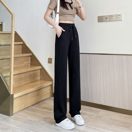Versión negra estrecha pantalones deportivos de patas rectas para mujeres con cintura alta caída verano delgada algodón puro alargado de gran tamaño alto casual