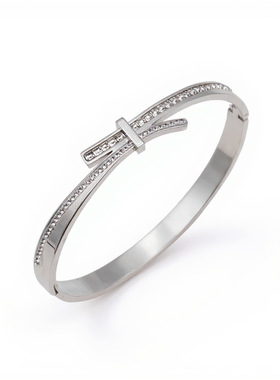 NVOXS蝴蝶结设计满排钻钛钢手镯扭结不锈钢手环适合女士日常佩戴