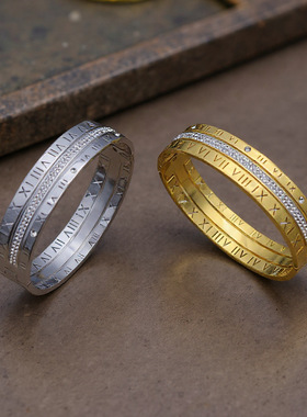 NVOXS优雅的不锈钢手镯带有罗马数字和水钻高级感镀不掉色手饰品