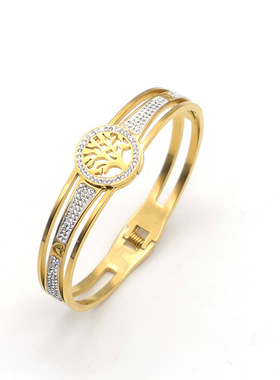 NVOX跨境复古金色生命树图案镂空镶钻不锈钢手镯女不易褪色