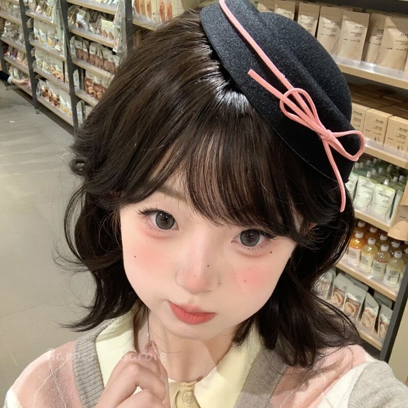 韩系可爱黑色丝绒蝴蝶结礼帽甜美少女jk圆顶贝雷帽水手海军帽子女