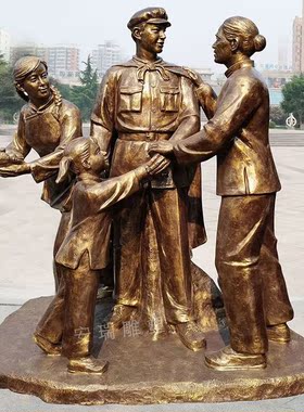玻璃钢军民鱼水情人物 铸铜 仿铜红色文化八路军抗战战士雕像定做