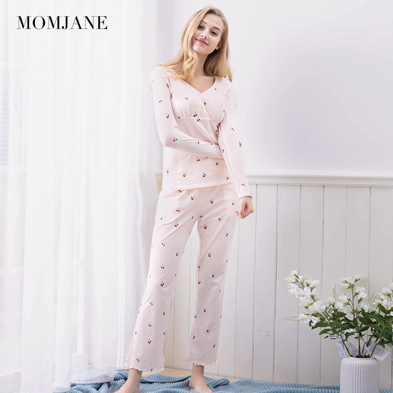 孕妇月子服带胸垫棉春秋款睡衣 momjane母婴家居服套装