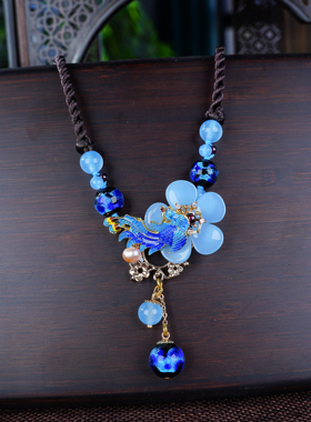 珠花蝶度蓝色花朵项链女多层棉麻链子民族风饰品手工编织绳短款