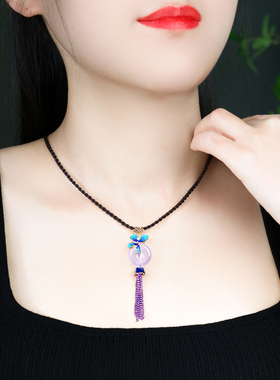 珠花蝶度玉石棉麻女原创手作项链