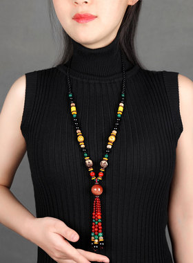 珠花蝶度玛瑙琉璃圆珠中式项链