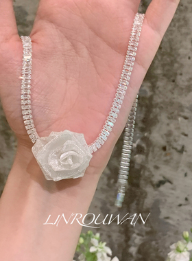超仙月光白玫瑰花闪锆choker颈带