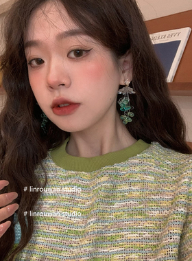 林肉完超仙绿色水晶流苏花朵耳钉