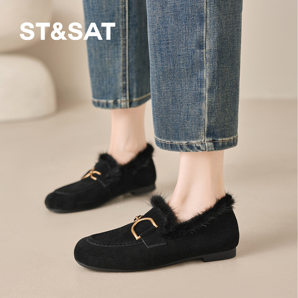 星期六2025秋冬毛毛鞋平底乐福鞋女冬季加绒保暖小皮鞋深口女单鞋,淘宝优惠券,粉丝福利购,淘宝优惠卷