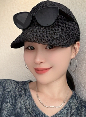 帽子女款夏季布条手工编织帽文艺遮阳帽休闲网眼黑色棒球帽骑行帽
