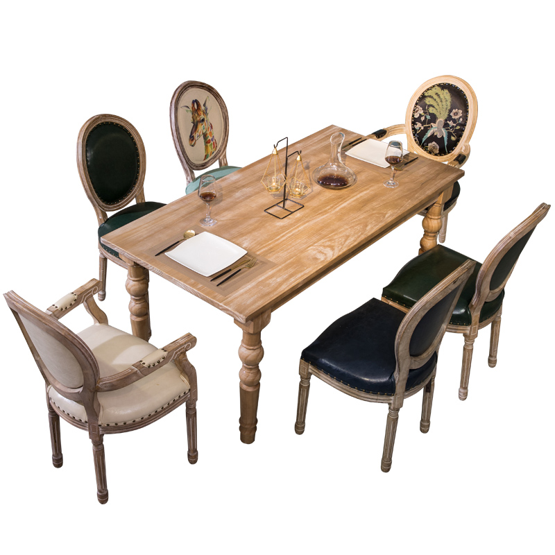 欧式美式餐桌组合实木桌子复古做旧拉丝松木餐桌法式餐厅简长方桌