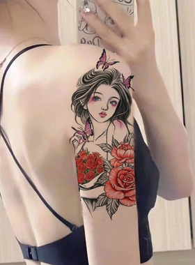 彩色花臂纹身贴防水女持久仿真半永久遮疤彩色美女玫瑰艺伎图案