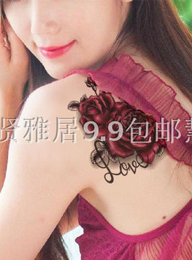 纹身贴防水 女持久 高清性感红色玫瑰花英文 遮瑕疤痕胸部花臂