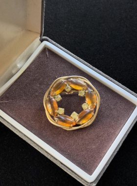 中古vintage复古素金仿琥珀琉璃胸针孤品