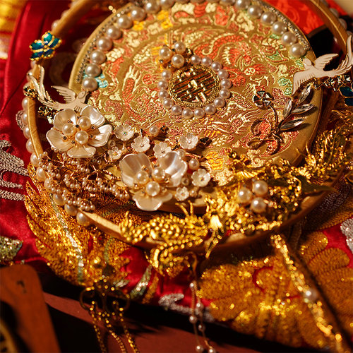 团扇结婚新娘diy材料包中式婚礼扇子汉服出嫁金色喜扇高端成品扇 - 图0