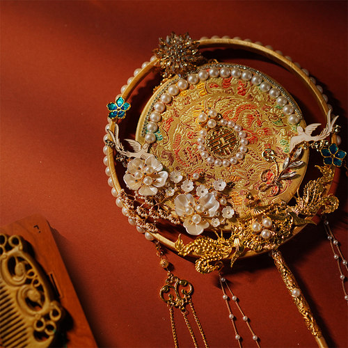 团扇结婚新娘diy材料包中式婚礼扇子汉服出嫁金色喜扇高端成品扇 - 图2