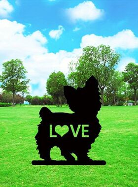 跨境约克夏犬铁艺地插花园宠物小狗装饰带爱心LOVE设计庭院小摆件
