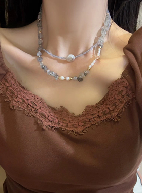 新中式复古蓝紫色不规则贝壳珠项链爱心 小众设计锁骨链