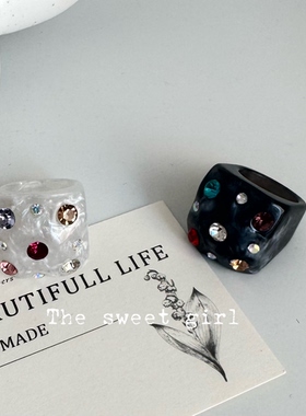 欧美ins晕染彩色镶钻方形几何树脂戒指指环个性潮流原创设计新款