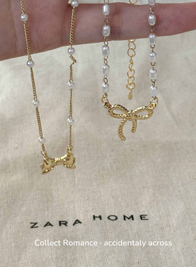 复古在逃公主蝴蝶结项链女 精致小巧百搭铜镀真金珍珠拼接锁骨链